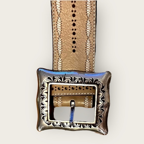 Kathi Kilburn Embellished Leather Belt with Square Silver Buckle in Cream/Beige - Picture 3 of 11